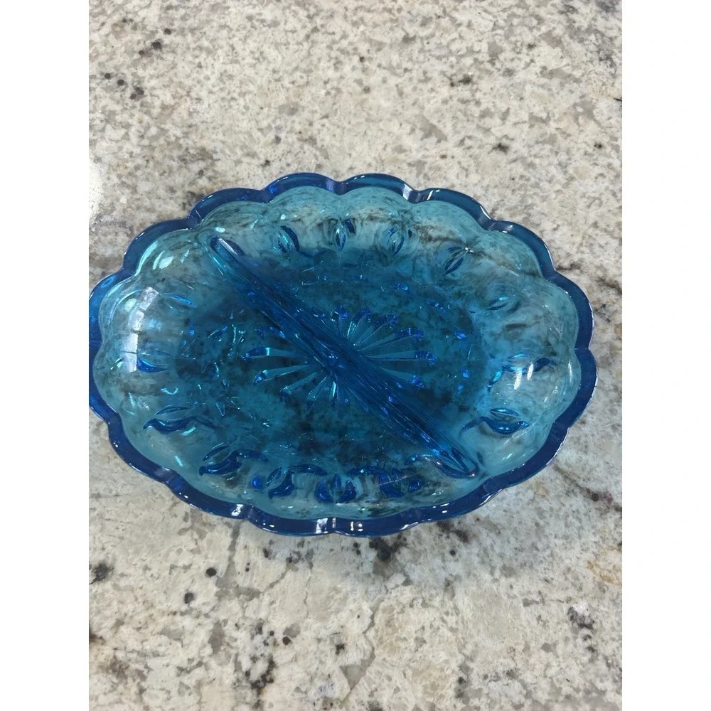 Vintage‎ Indiana Glass Kings Crown Teal Blue Divided Oval Candy Dish